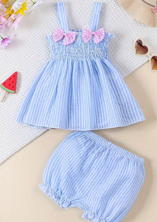 Blue Striped Seersucker Short Set, girls, kids, outfit