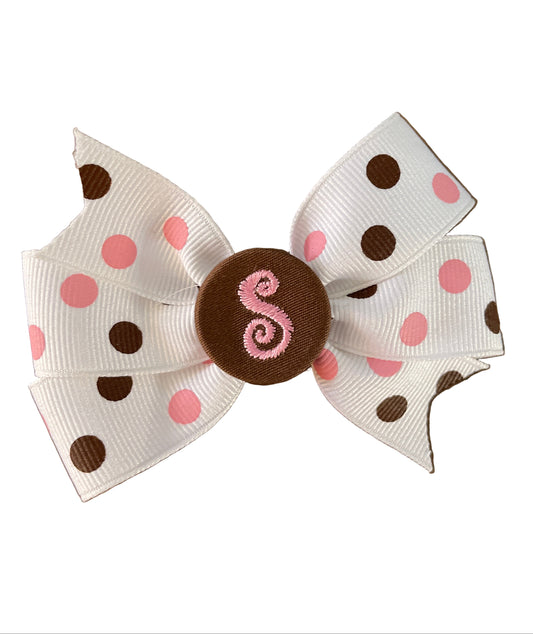 Pink/Brown/White Small Polka Dot Initial Hair Bows, Clip, Personalized, pinwheel