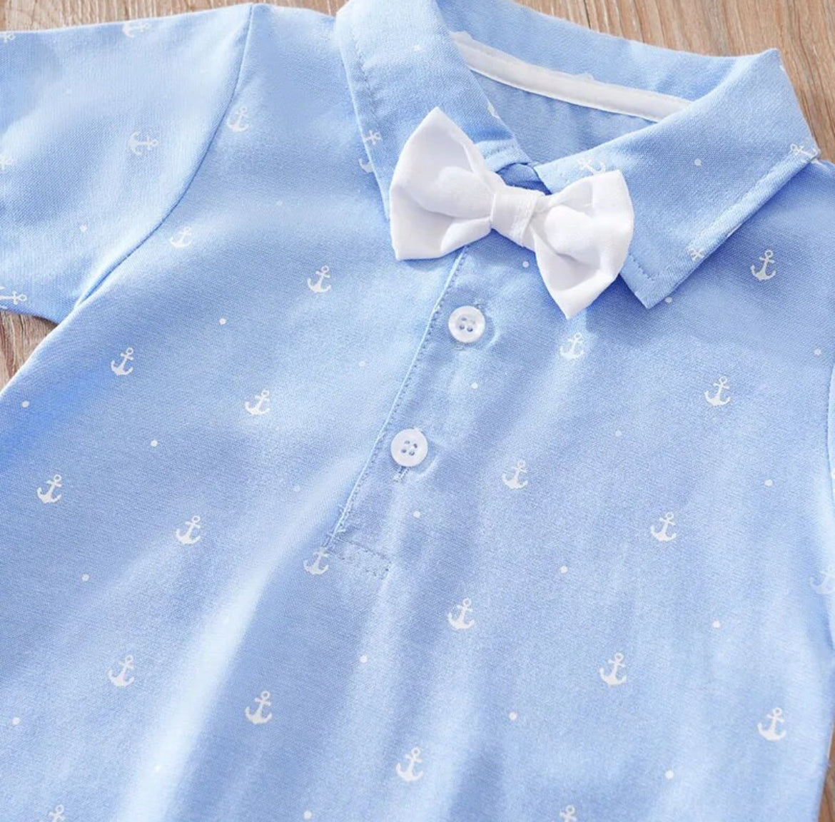 Light Blue Embroidered Anchor Romper w/Bow Tie, baby, boy, kids