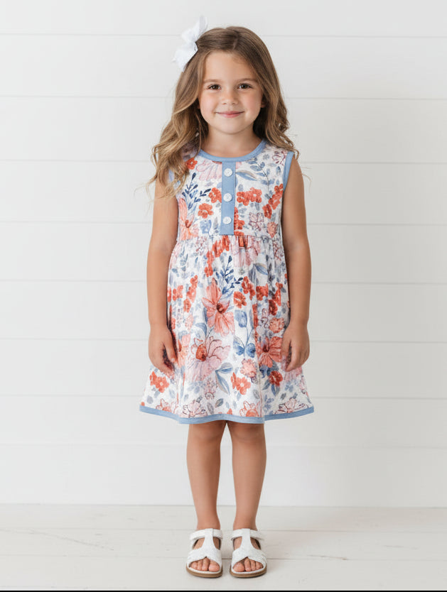 Blue & Orange Floral Twirl Dress, Milk Silk, girl, kids