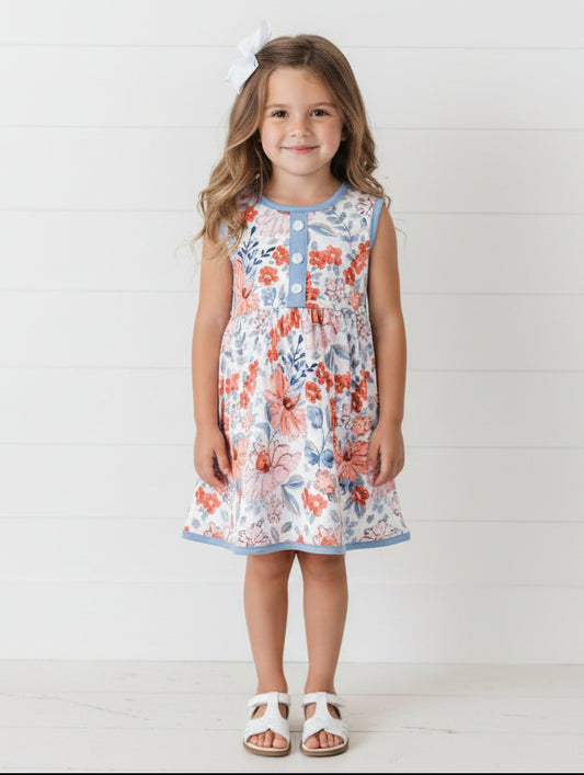 Blue & Orange Floral Twirl Dress, Milk Silk, girl, kids