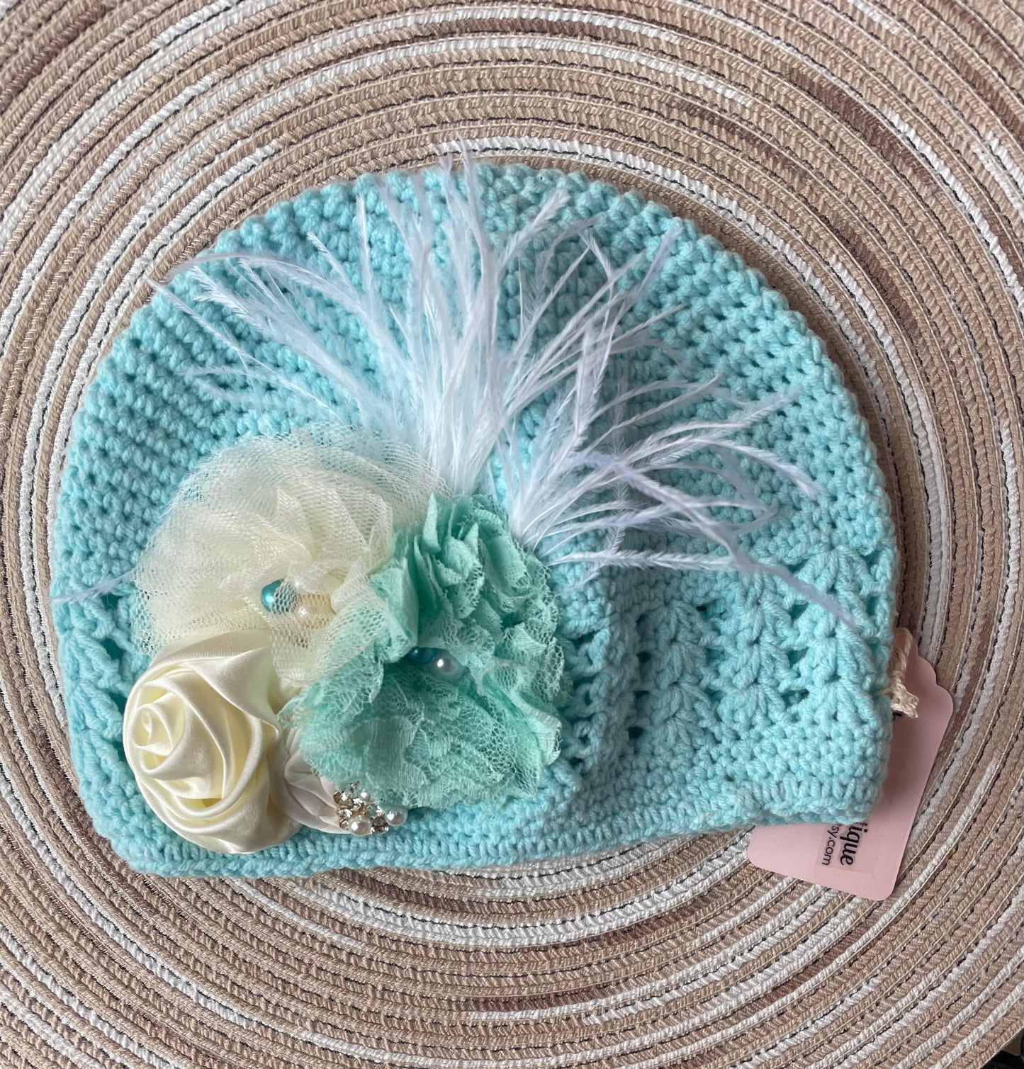 Boutique Robin's Egg Blue Knit Hat, Cap, Girl, Flower