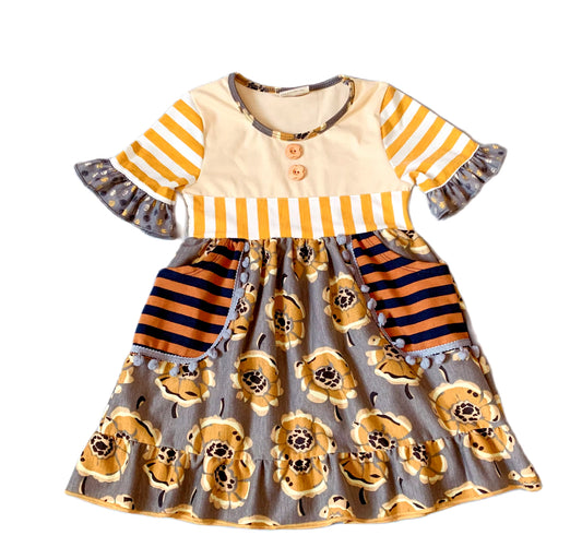 Gold Floral & Striped Peasant Dress, girls, kids