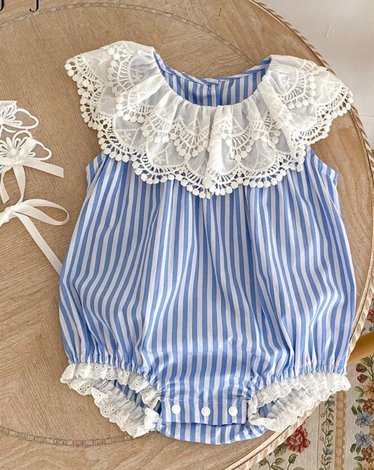 Blue & White Striped Lace Collar Romper, baby, girl, kids