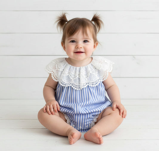 Blue & White Striped Lace Collar Romper, baby, girl, kids