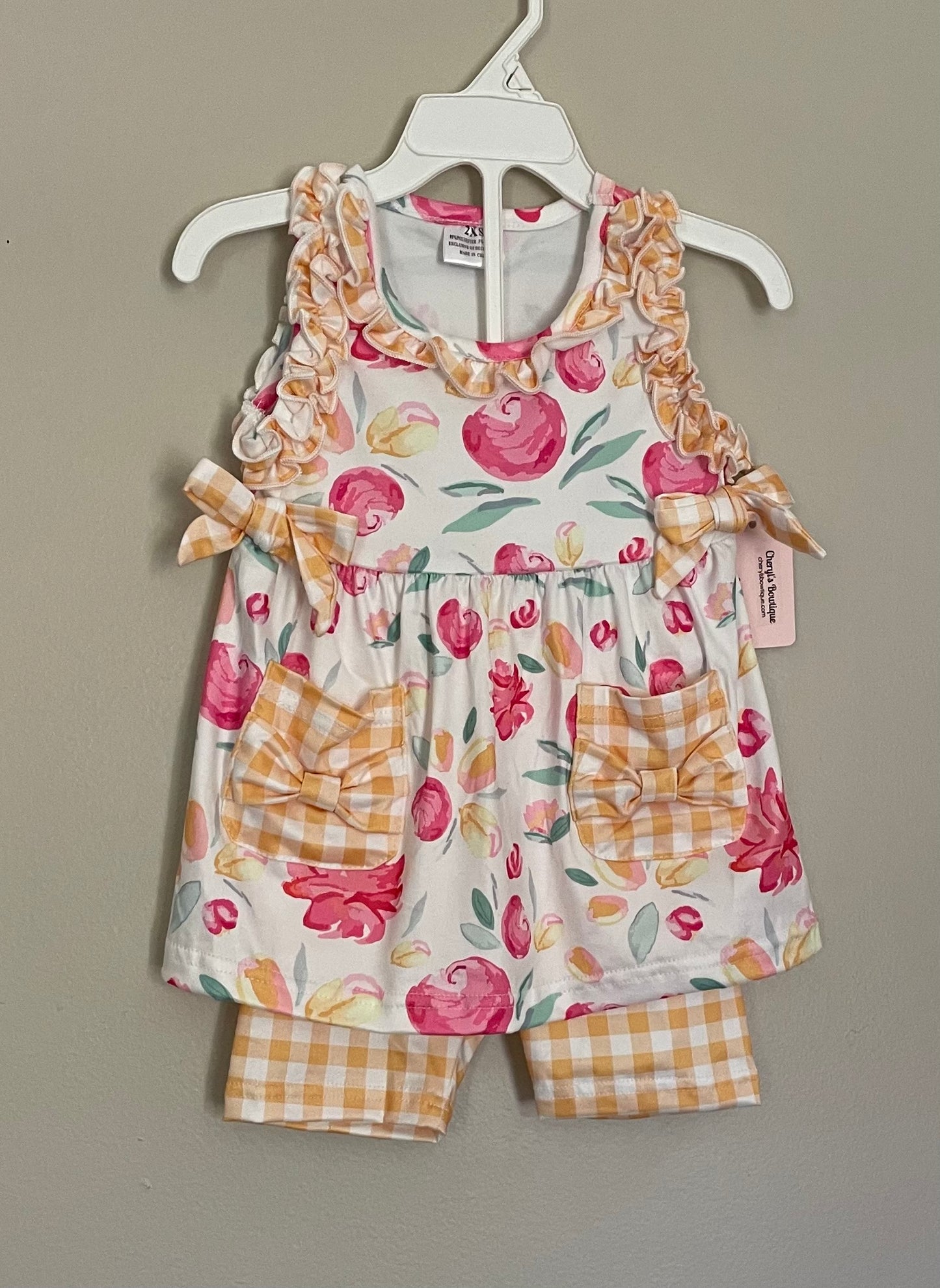 Yellow Checks & Flowers Ruffle Short Set, girls, kids, clothing / SALE: Reg. $19.95