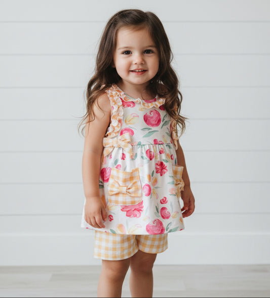 Yellow Checks & Flowers Ruffle Short Set, girls, kids, clothing