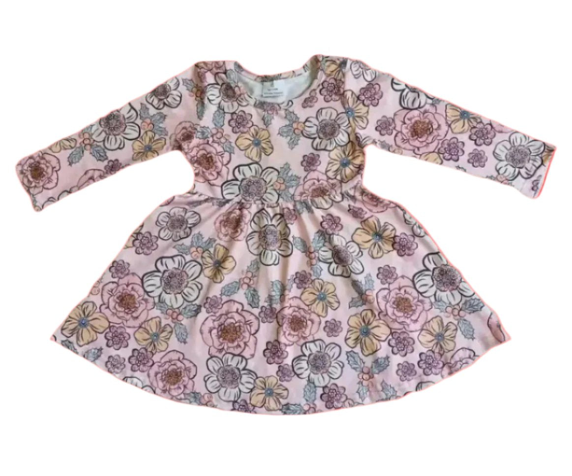 Pink Flower Twirl Dress, Milk Silk, girl, kids, long sleeve / SALE