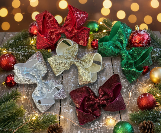 Boutique Sequin Loopy Hair Bow, girl, clip, holiday, 12 colors