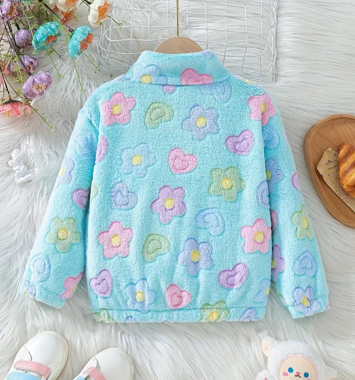 Plush Blue Floral Jacket, zipper, girl's