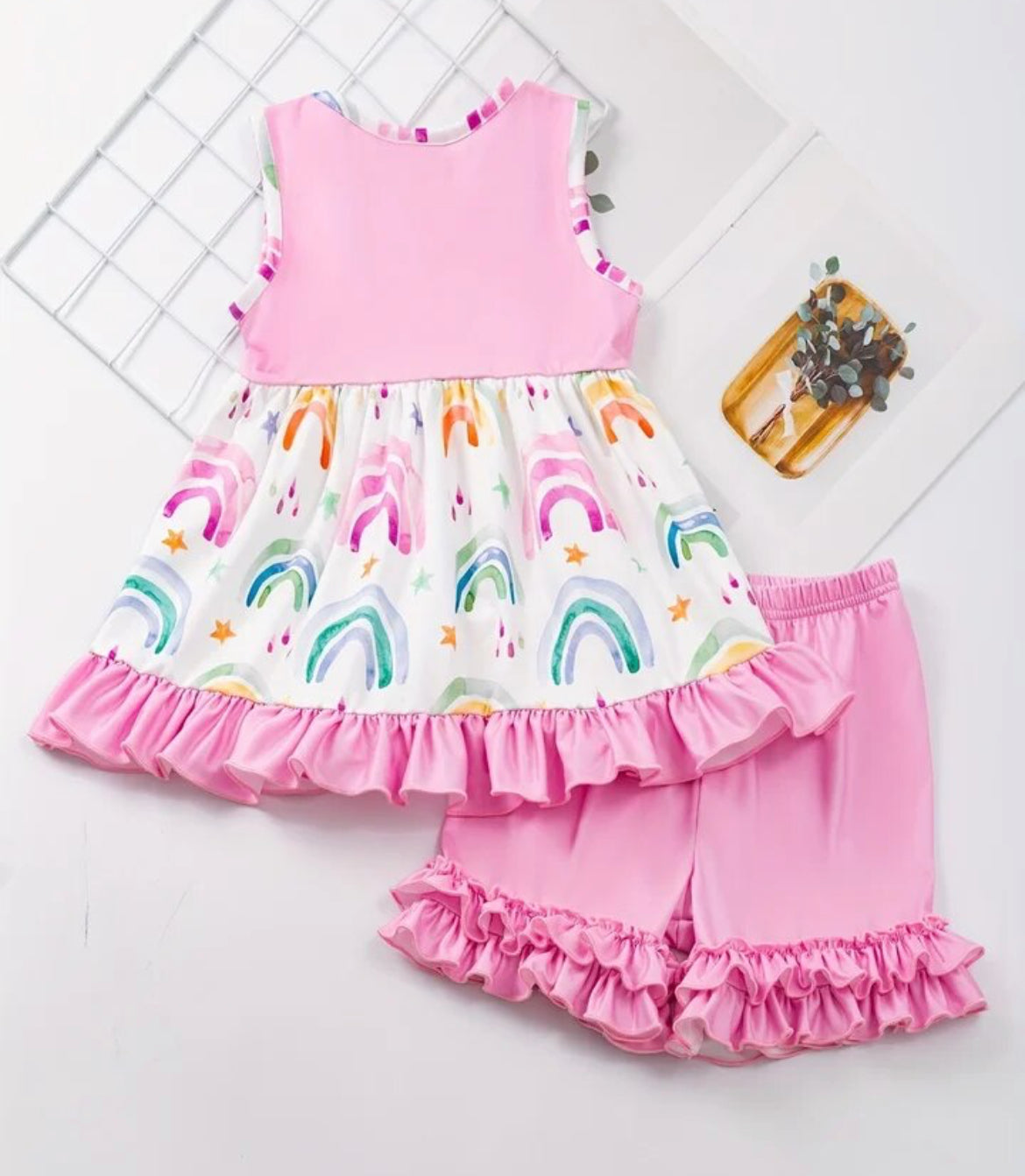 Rainbow Ruffle Short Set, girl's, kids, Pink, Milk Silk / SALE: Reg. 20.95