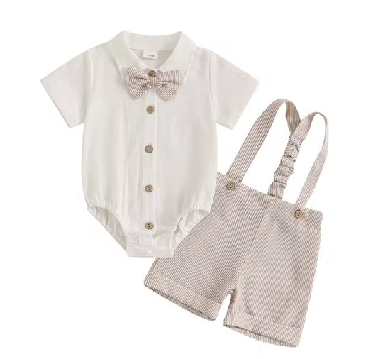 Khaki Short Set Outfit, kids, clothing, set, overalls, bow tie