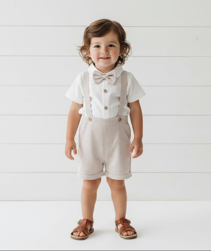 Khaki Seersucker Short Set Outfit, kids, clothing, set, overalls, bow tie