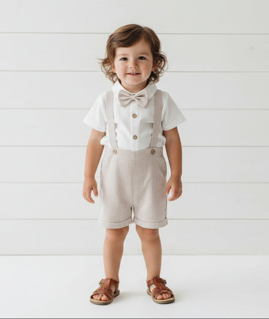 Khaki Seersucker Short Set Outfit, kids, clothing, set, overalls, bow tie, Easter
