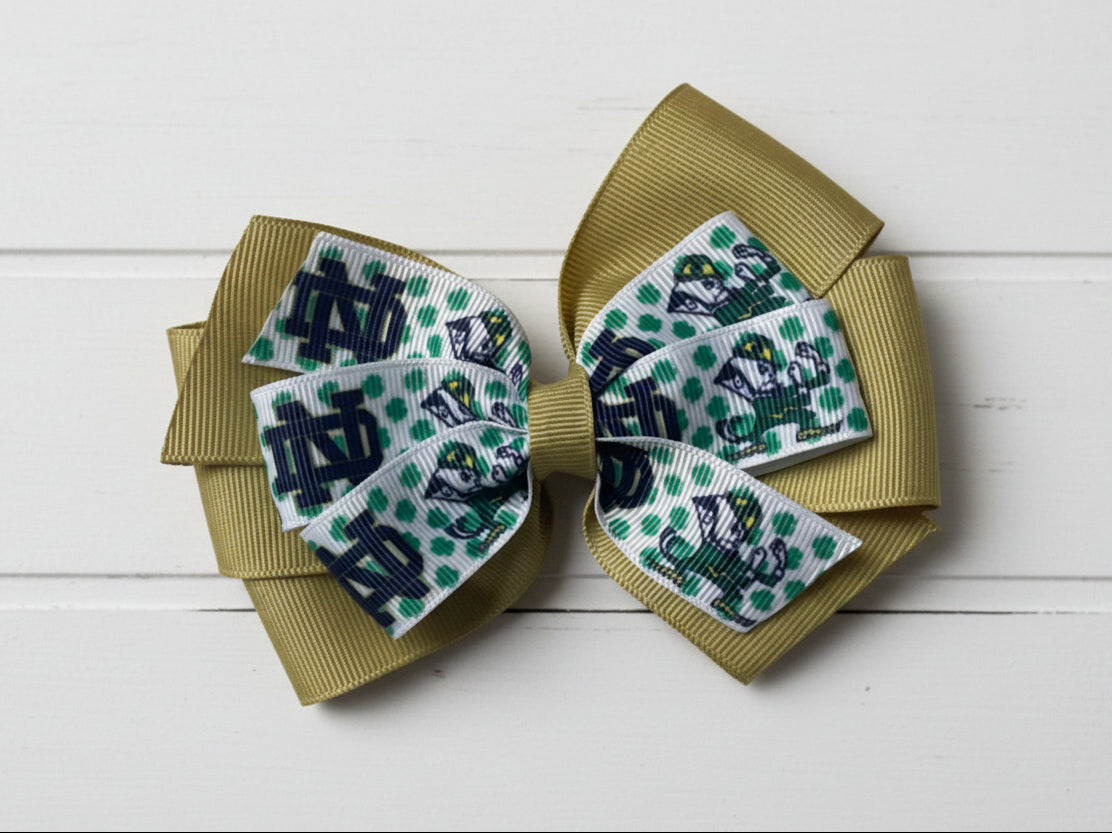 Collegiate Double Hair Bow, University, Notre Dame- Gold