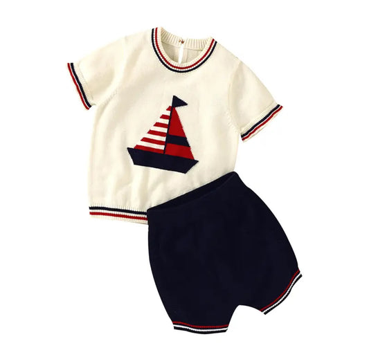 Navy Blue & Cream Knit Sailboat Outfit, Short Sleeve, baby, boy