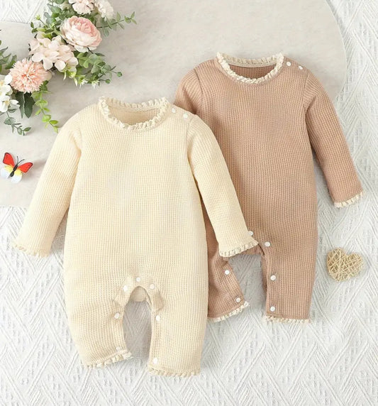 Cream or Tan Waffle Texture Romper with Lace Trim, baby, infant, clothing