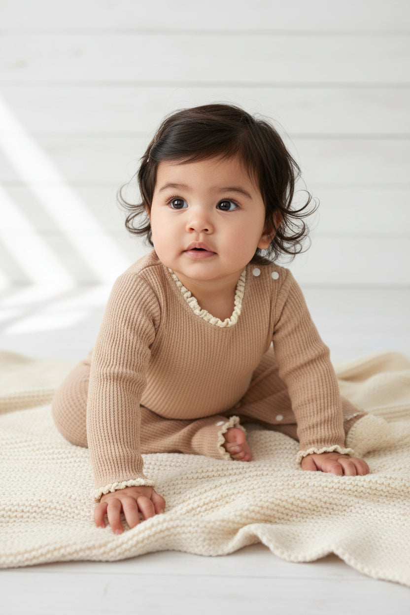 Cream or Tan Waffle Texture Romper with Lace Trim, baby, infant, clothing