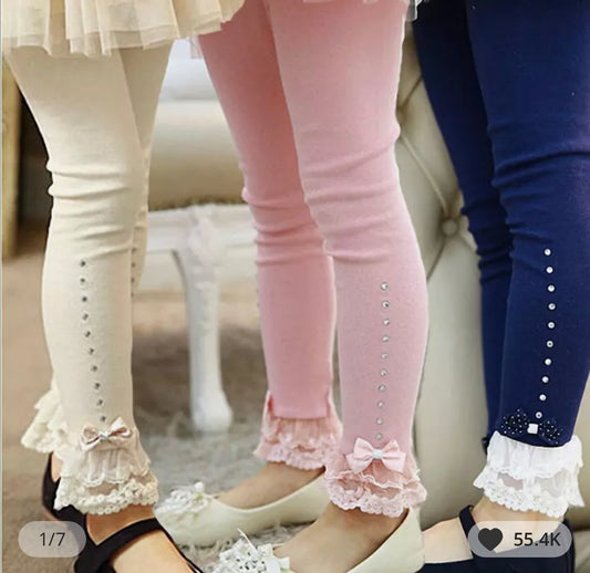 Boutique Cotton Lace & Rhinestone Leggings, girl, pants, bow