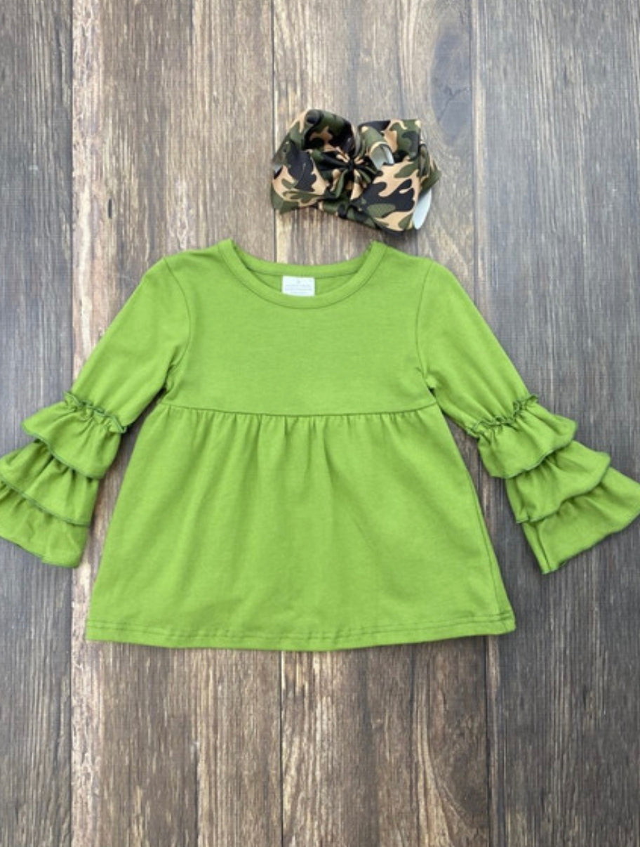 Green Ruffle Sleeve Top, girl's, bell sleeve, kids, clothing