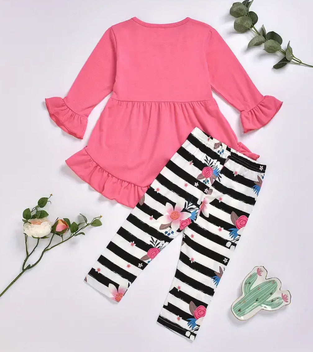 Pink Roses & Stripes Ruffle Outfit, girl, set, leggings, top, kids