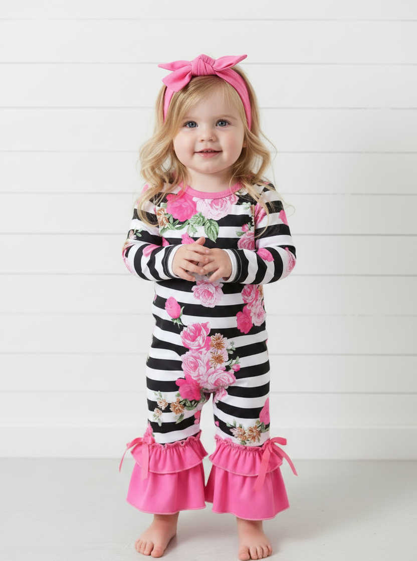 Pink Rose Ruffle Romper w/Headband, baby, infant, clothing, girl
