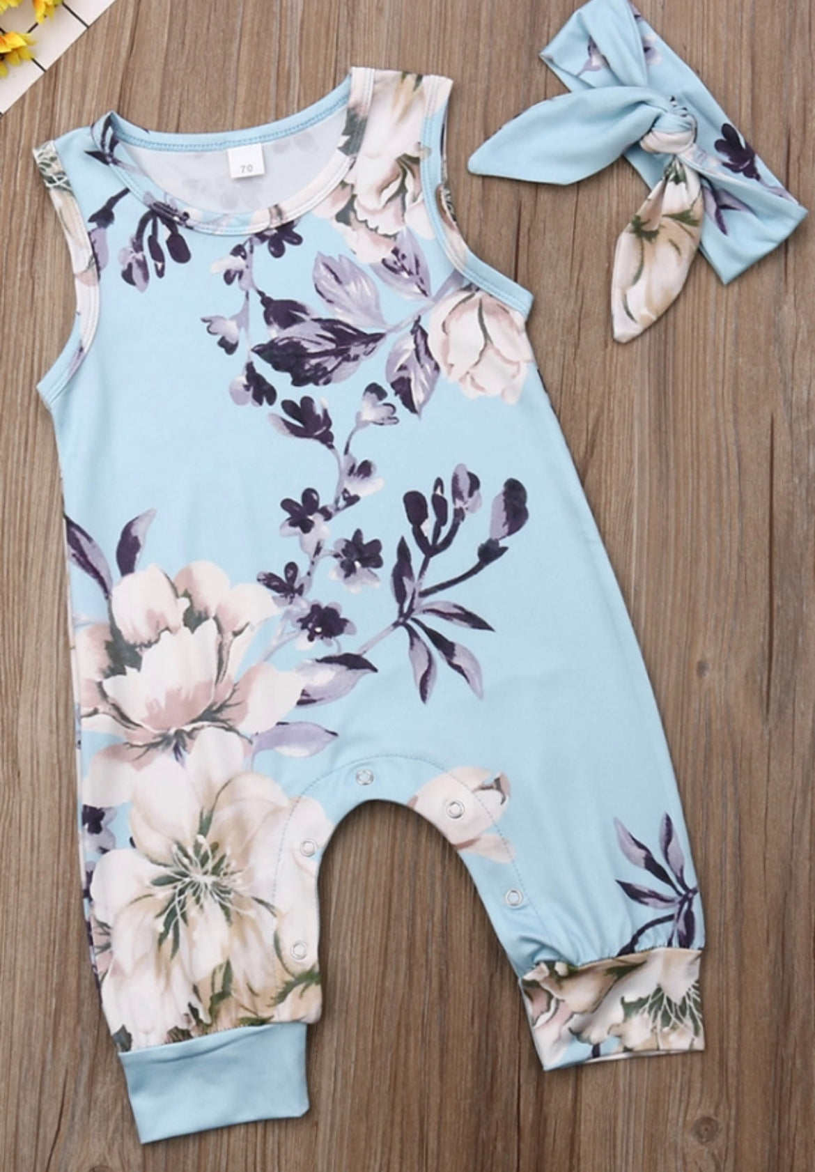 Blue Romper w/Tan & White Flowers & Headband, Infant, Toddler