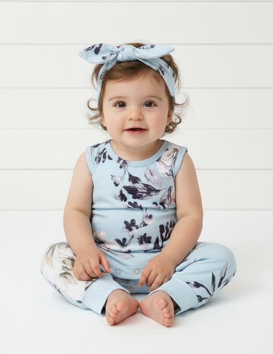 Blue Romper w/Tan & White Flowers & Headband, Infant, Toddler