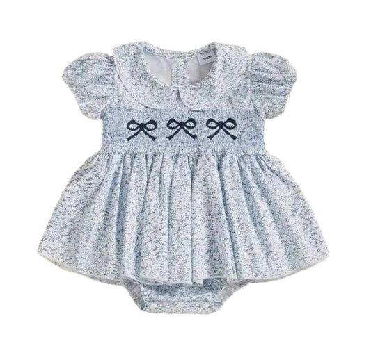 Blue Smocked Embroidered Romper, girl, baby, infant, gift