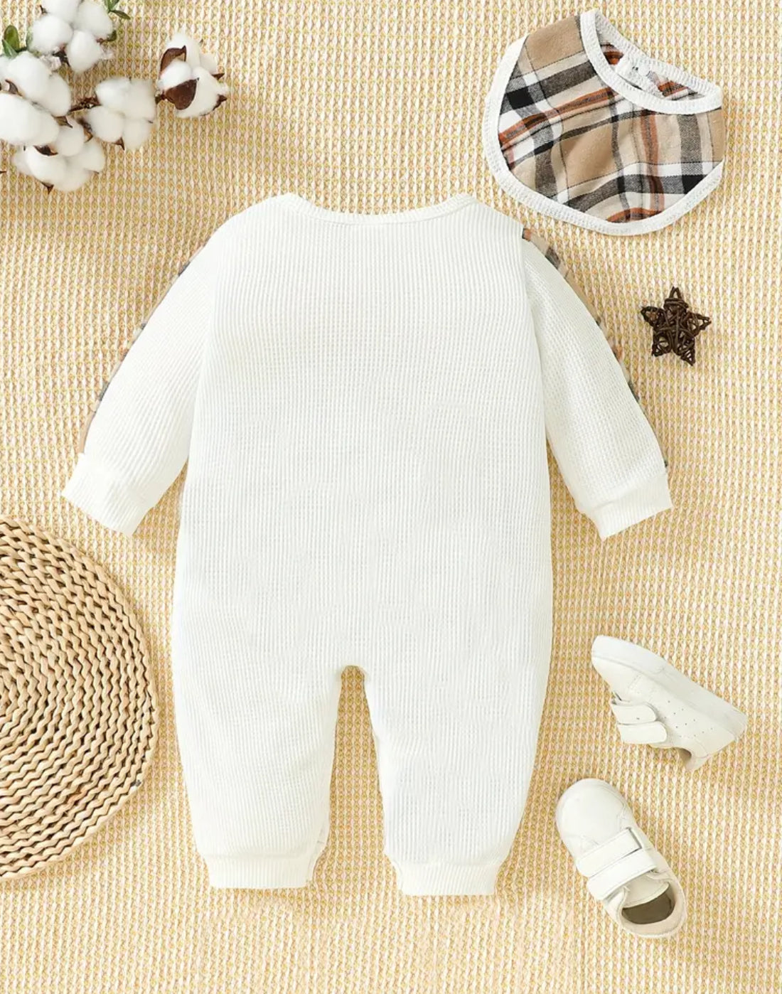 White Long Sleeve Preppy Waffle Romper with Pocket, infant, clothing, onesie, baby