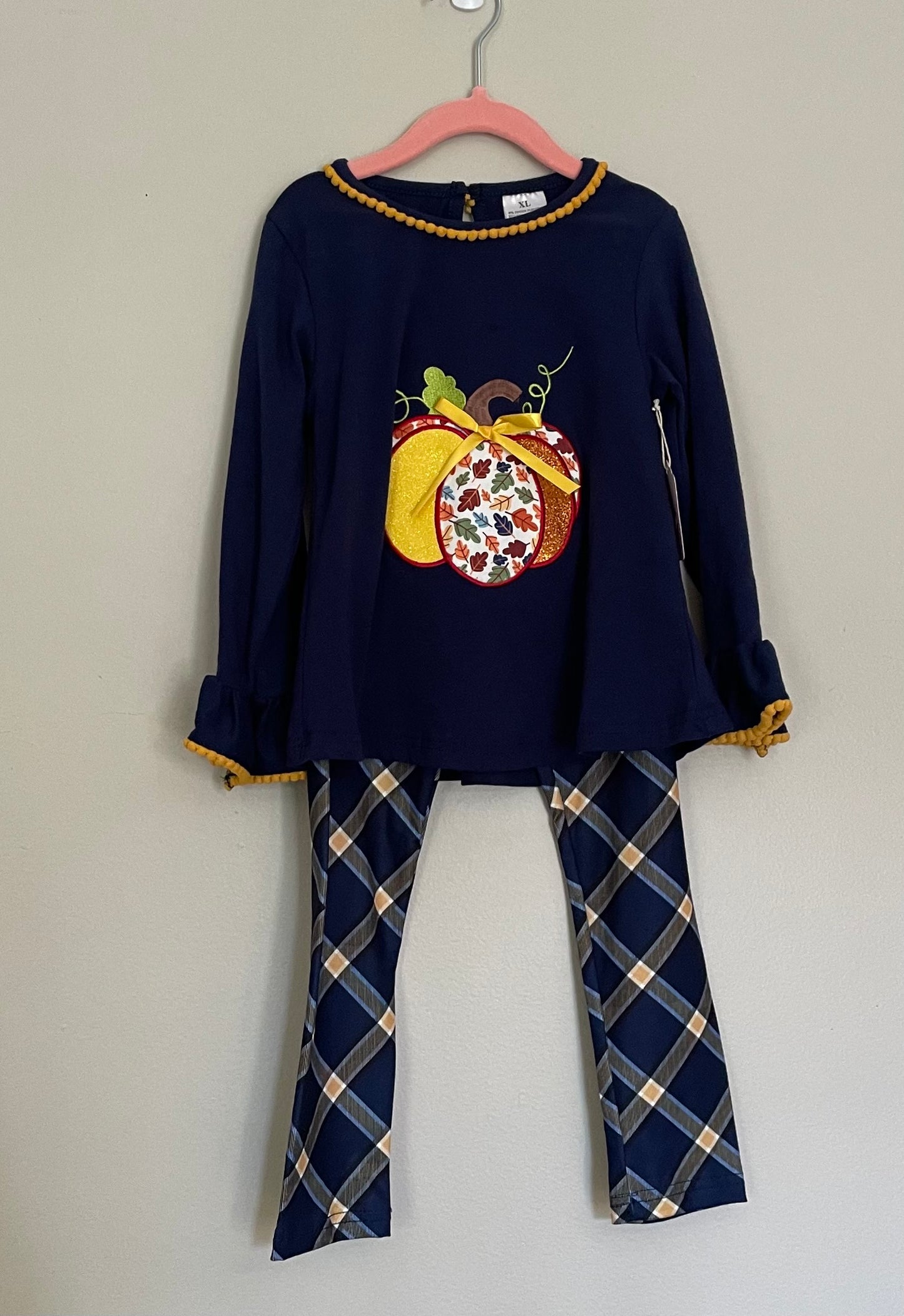 Blue & Yellow Pumpkin Outfit, set, leggings, top, bell sleeve, girls / SALE (Reg. $19.95)