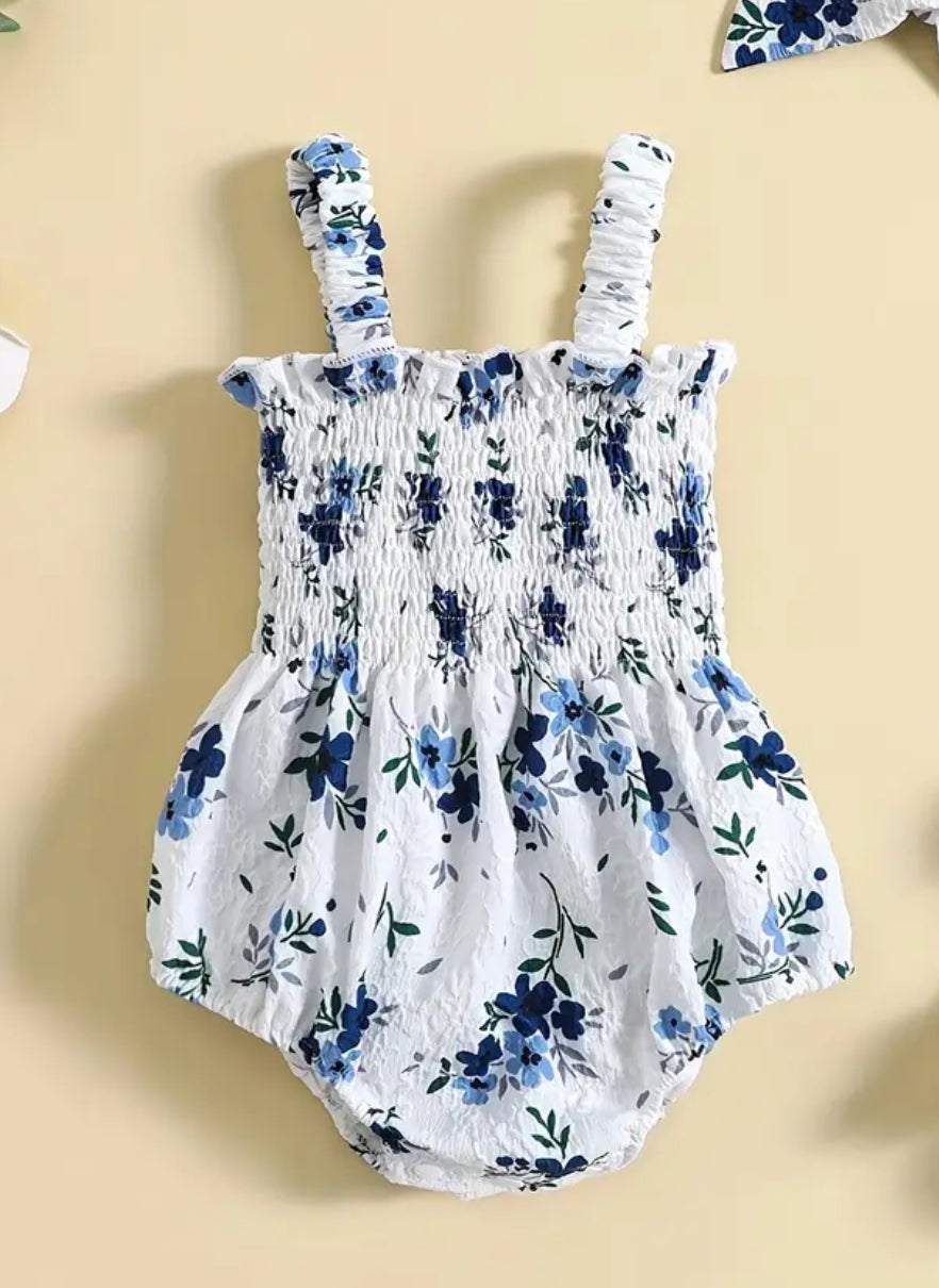 Blue Flower Romper w/headband tie, infant, girl, baby / SALE: Reg. $14.95