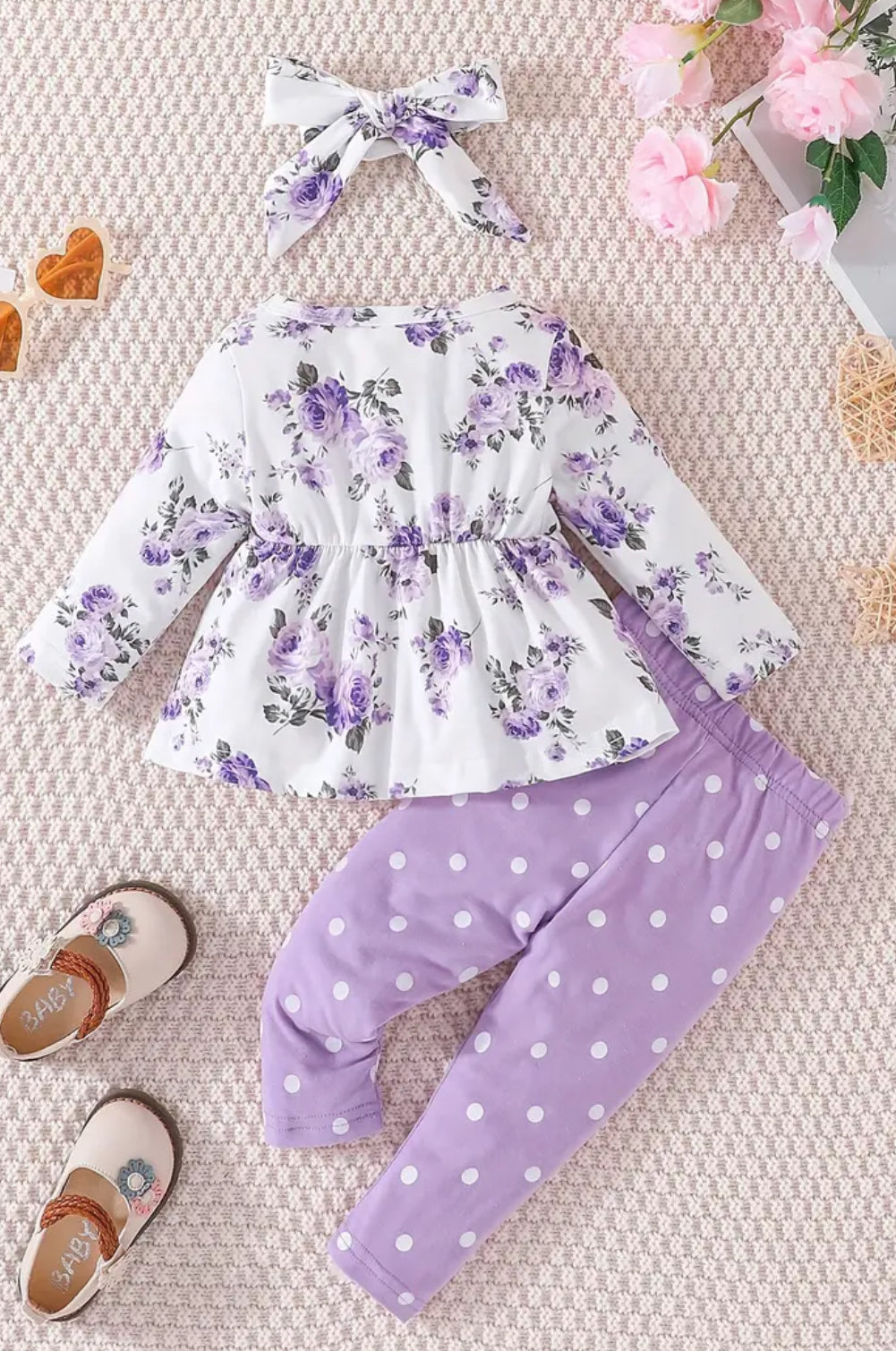 Purple Flower & Polka Dot Outfit, set, leggings, top, girl, baby, toddler