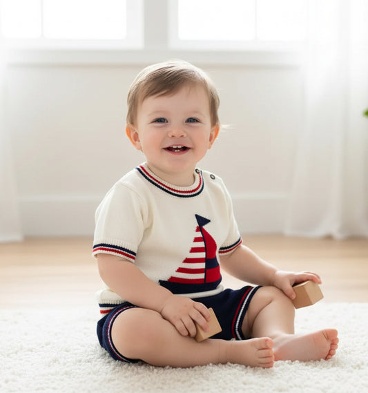 Navy Blue & Cream Knit Sailboat Outfit, Short Sleeve, baby, boy