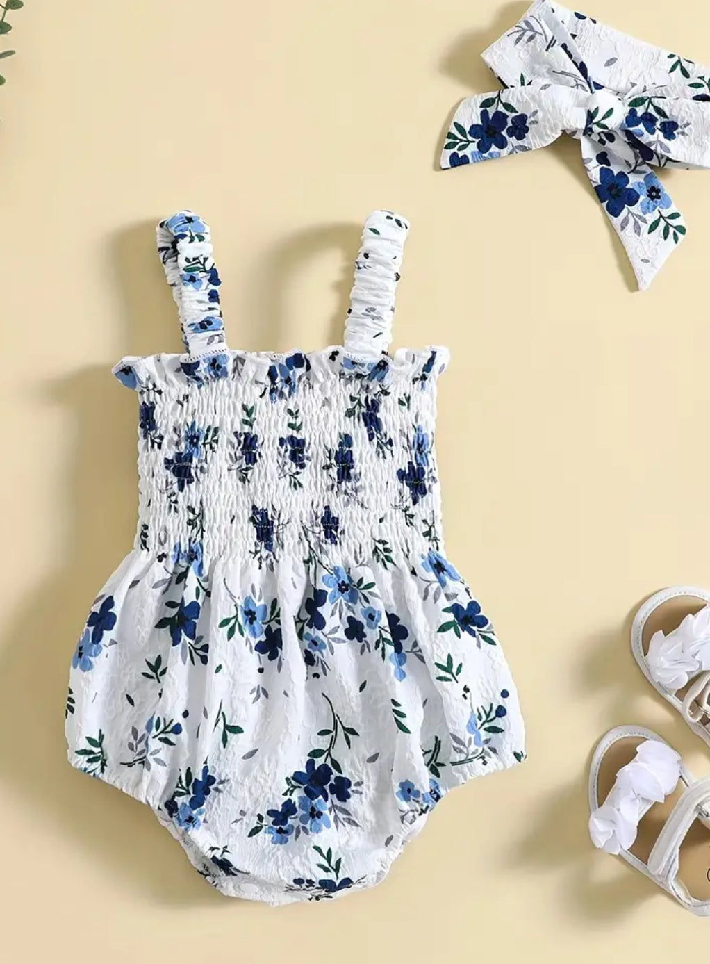 Blue Flower Romper w/headband tie, infant, girl, baby / SALE: Reg. $14.95