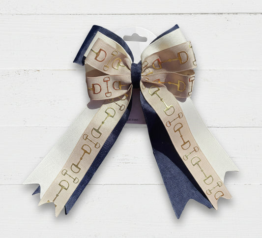 Equestrian Hair Bow, Tail Bow, Horse Show, Navy Blue, Khaki & Off White, Single, Set