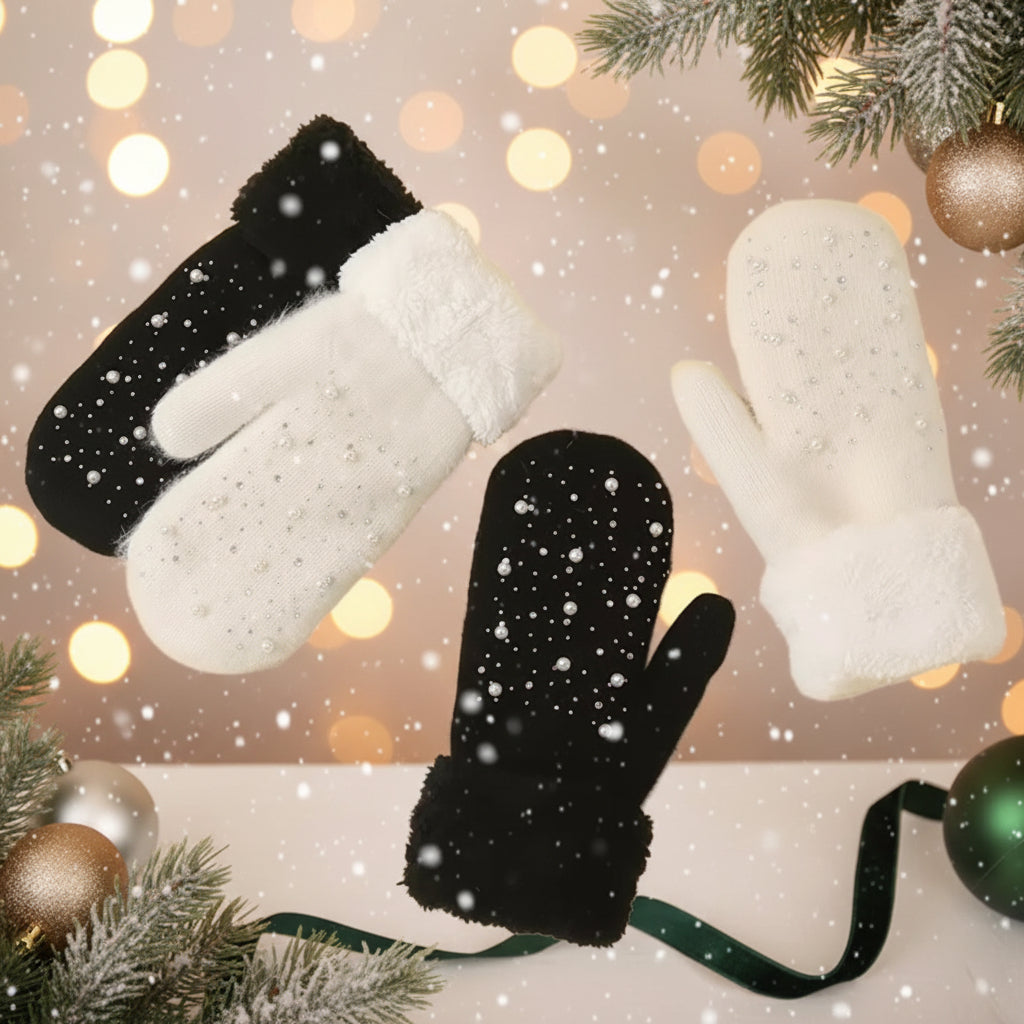 Women's Pearl & Rhinestone Mittens, holiday, Winter, girl