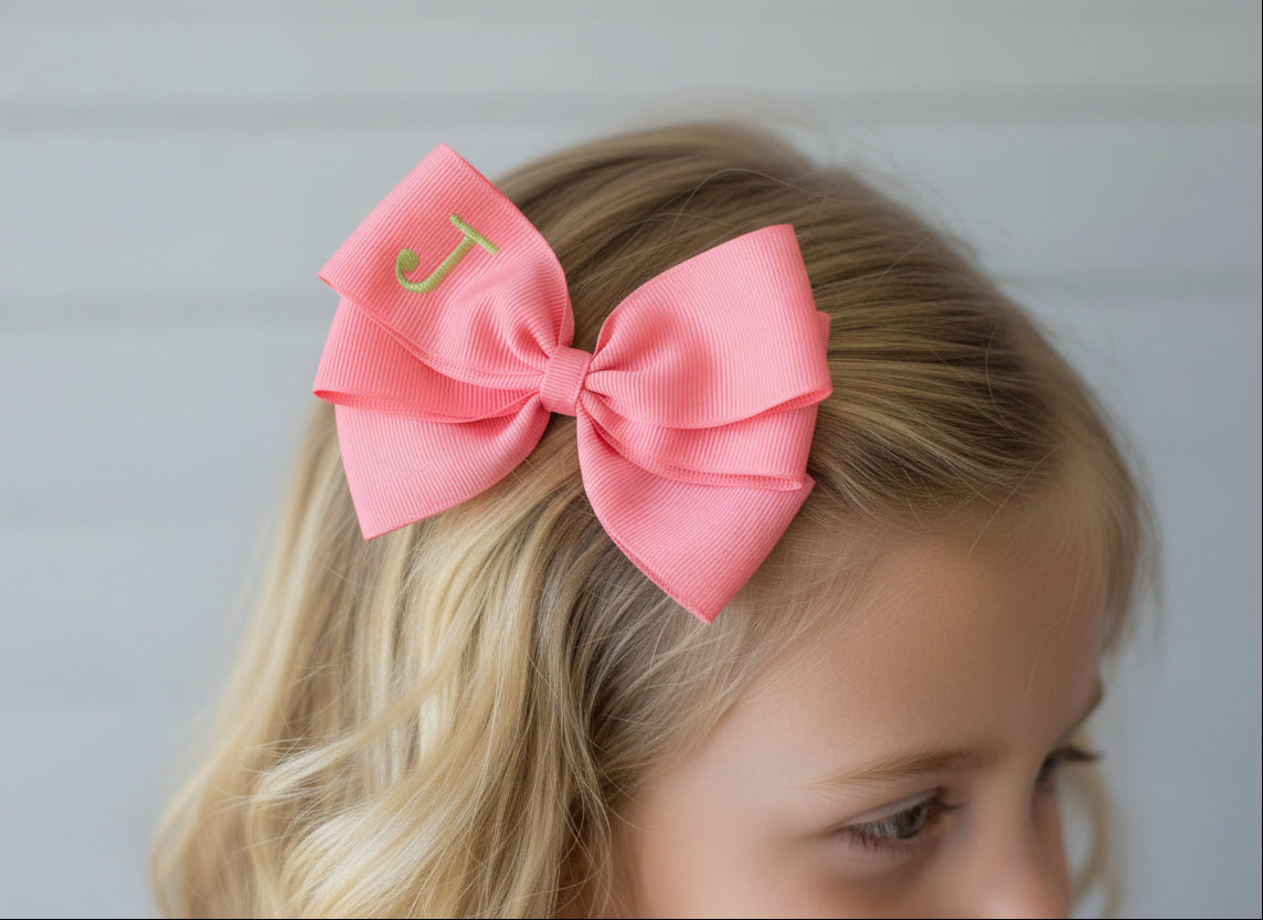 Bright Pink Monogrammed Hair Bow w/Lime Green Initial, Personalized