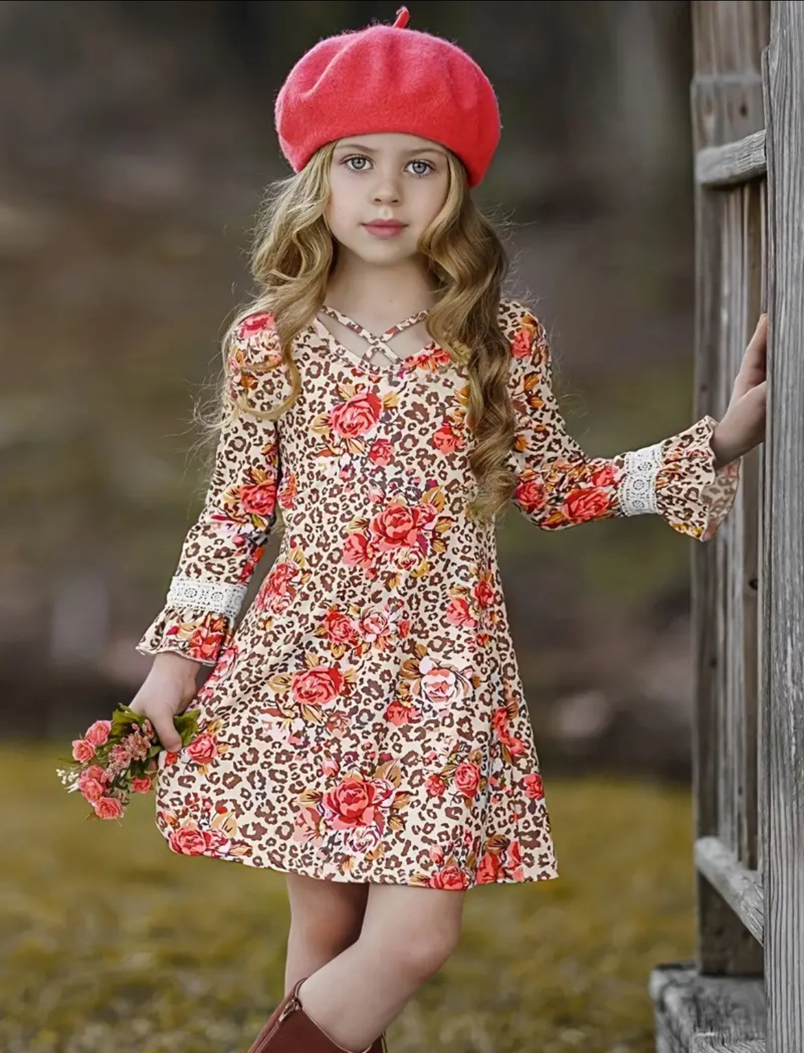 Western Style Leopard  Dress, girl Long Sleeve, Toddler, kids