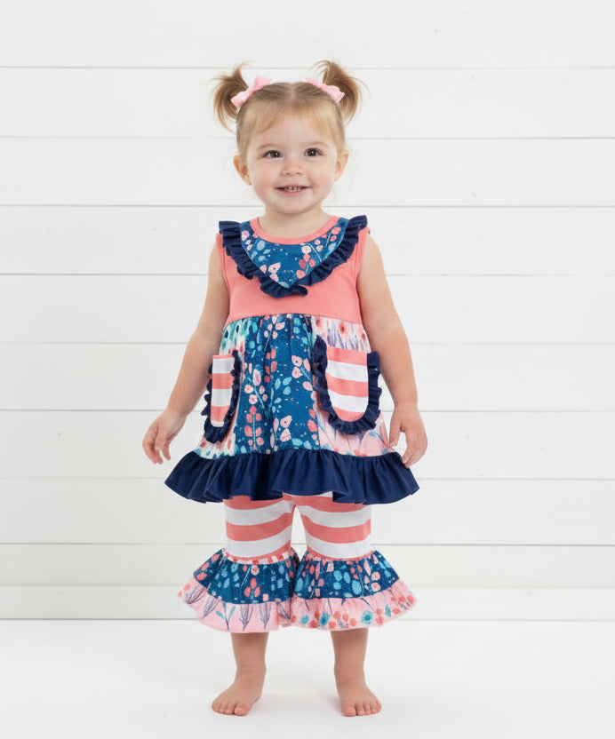 Boutique Blue Floral Ruffle Sleeveless Outfit, girl, kids