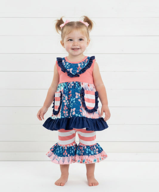 Boutique Blue Floral Ruffle Sleeveless Outfit, girl, kids