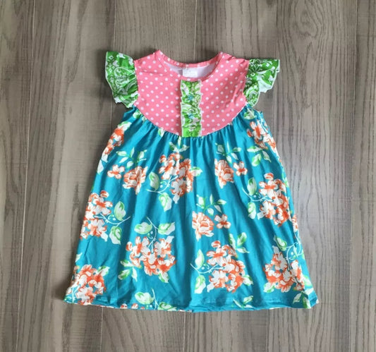 Turquoise Floral Twirl Dress, girl's, Milk Silk, Flutter Sleeve / SALE: Reg. $17.95