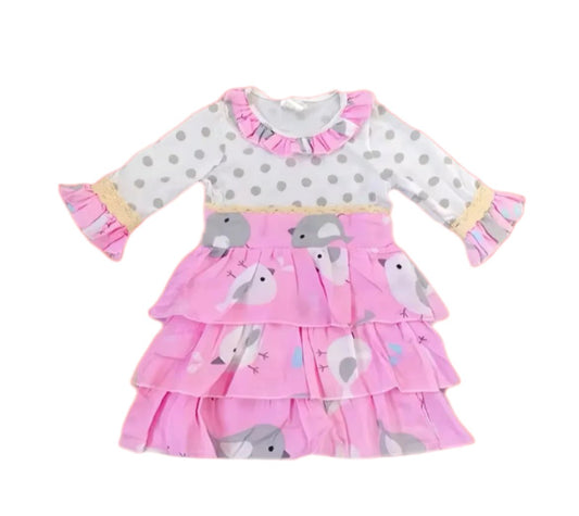 Pink Ruffle Birds & Dots Boutique Dress, girl, clothing, toddler