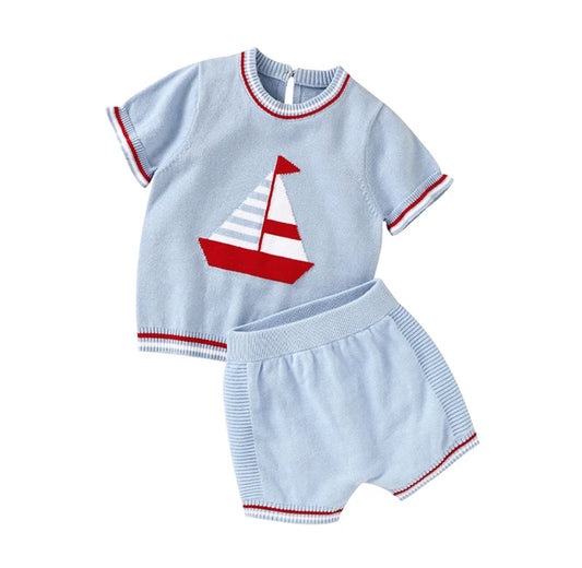 Light Blue Knit Sailboat Outfit, Short Sleeve, baby