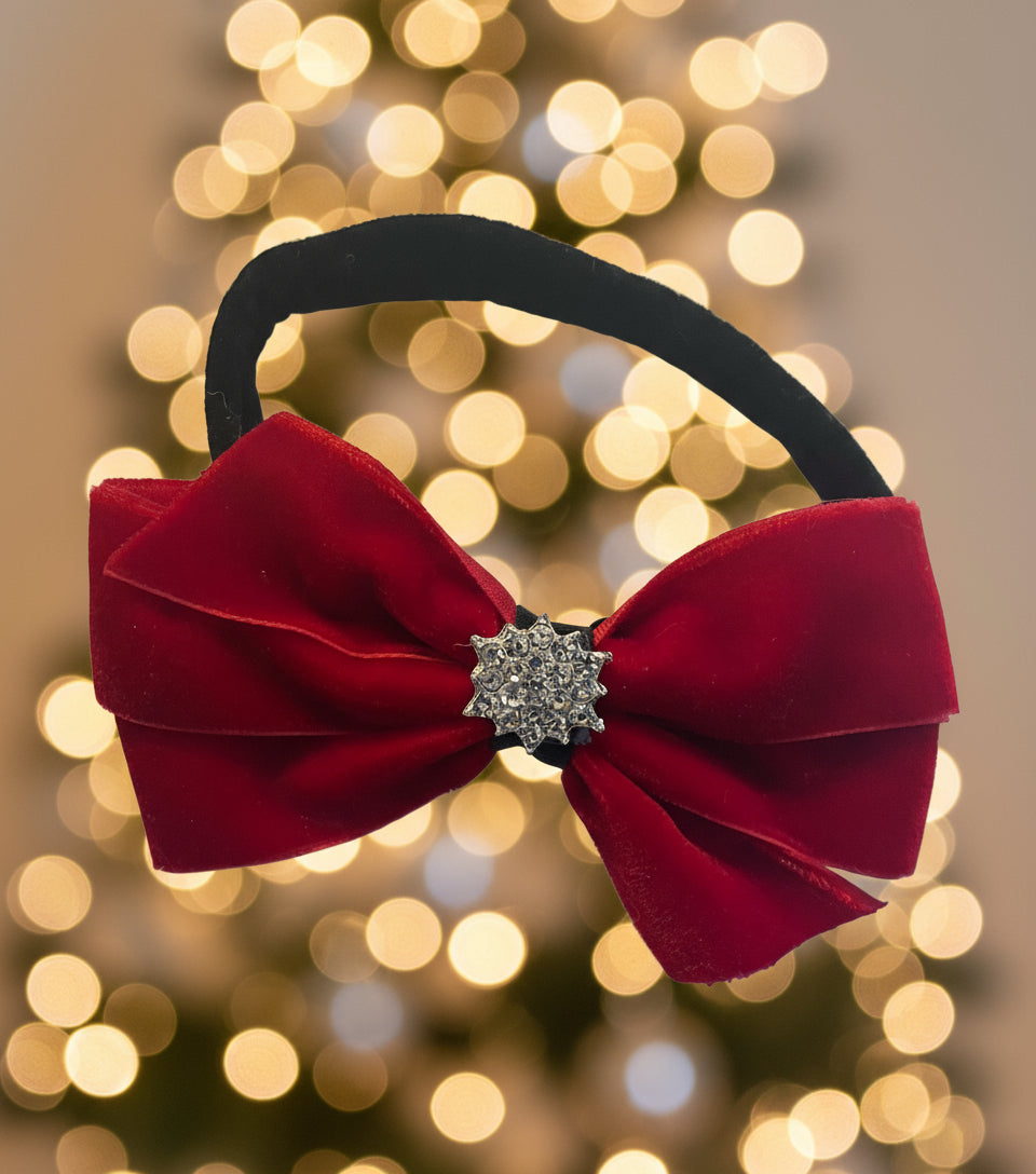 Dark Red Velvet Hair Bow on Headband, girl, holiday, Valentines, stretch, rhinestone