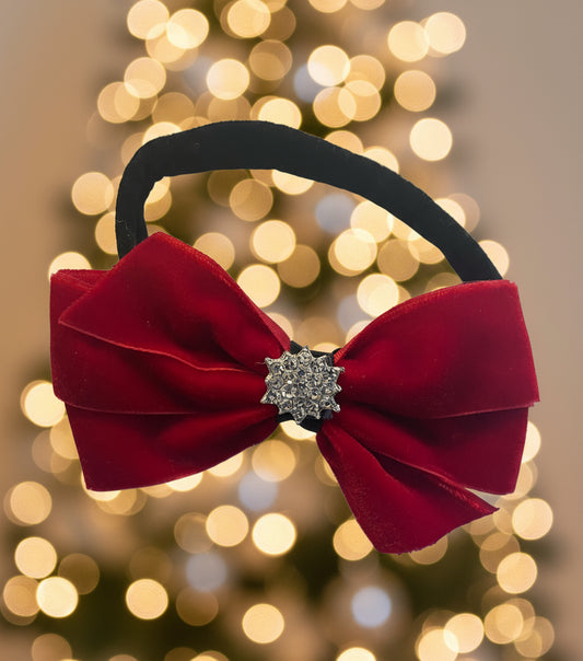 Dark Red Velvet Hair Bow on Headband, girl, holiday, Valentines, stretch, rhinestone