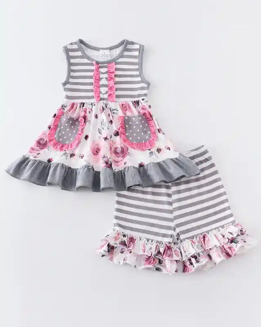 Pink & Gray Floral Ruffle Short Set, girl, kids, clothing, outfit