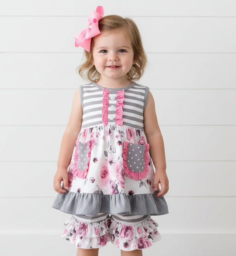 Gray & Pink Floral Ruffle Short Set, girl, kids, clothing, outfit, Spring