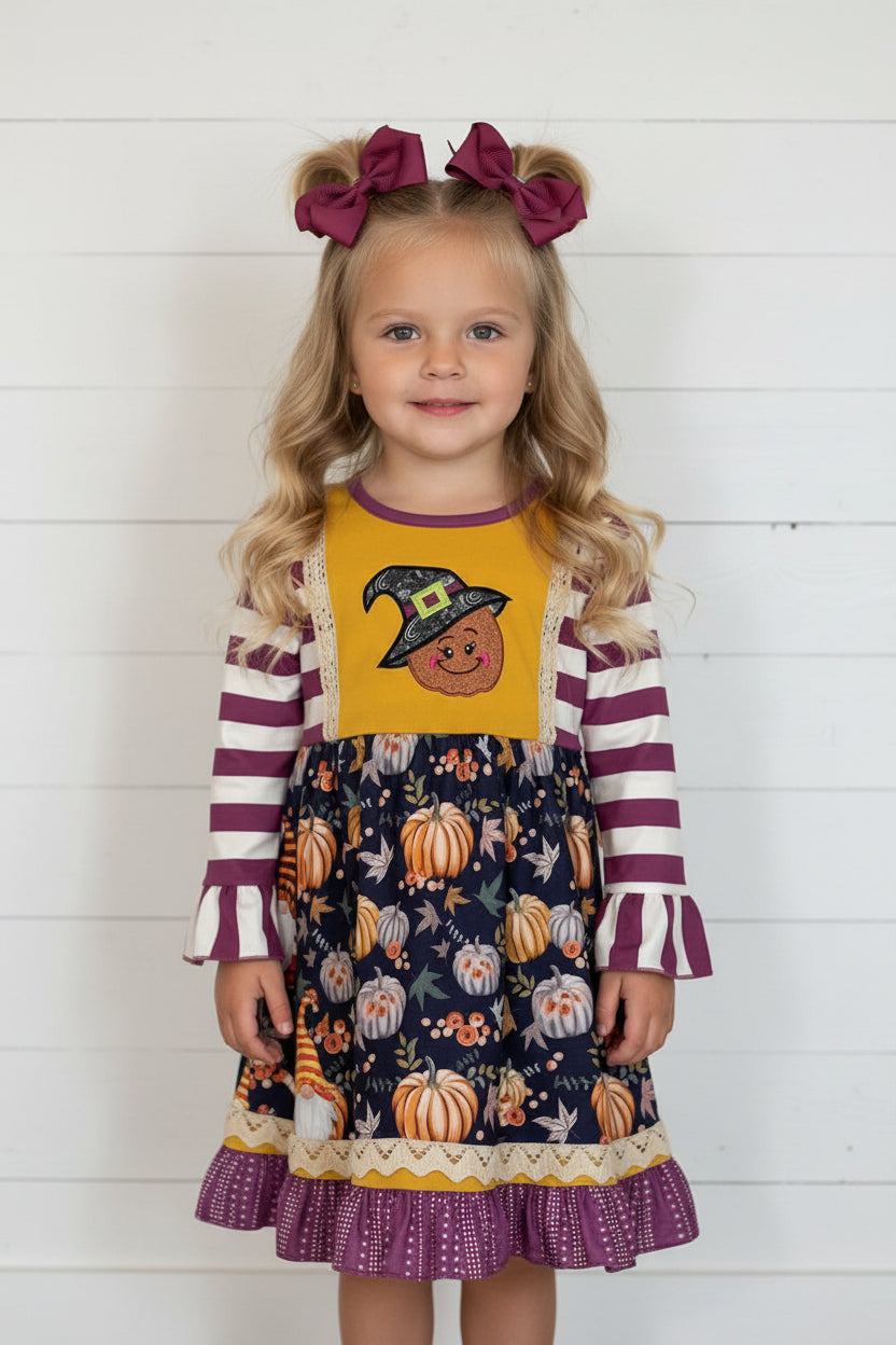 Striped Pumpkin Witch Dress, Milk Silk, girl, Fall, twirl, Halloween