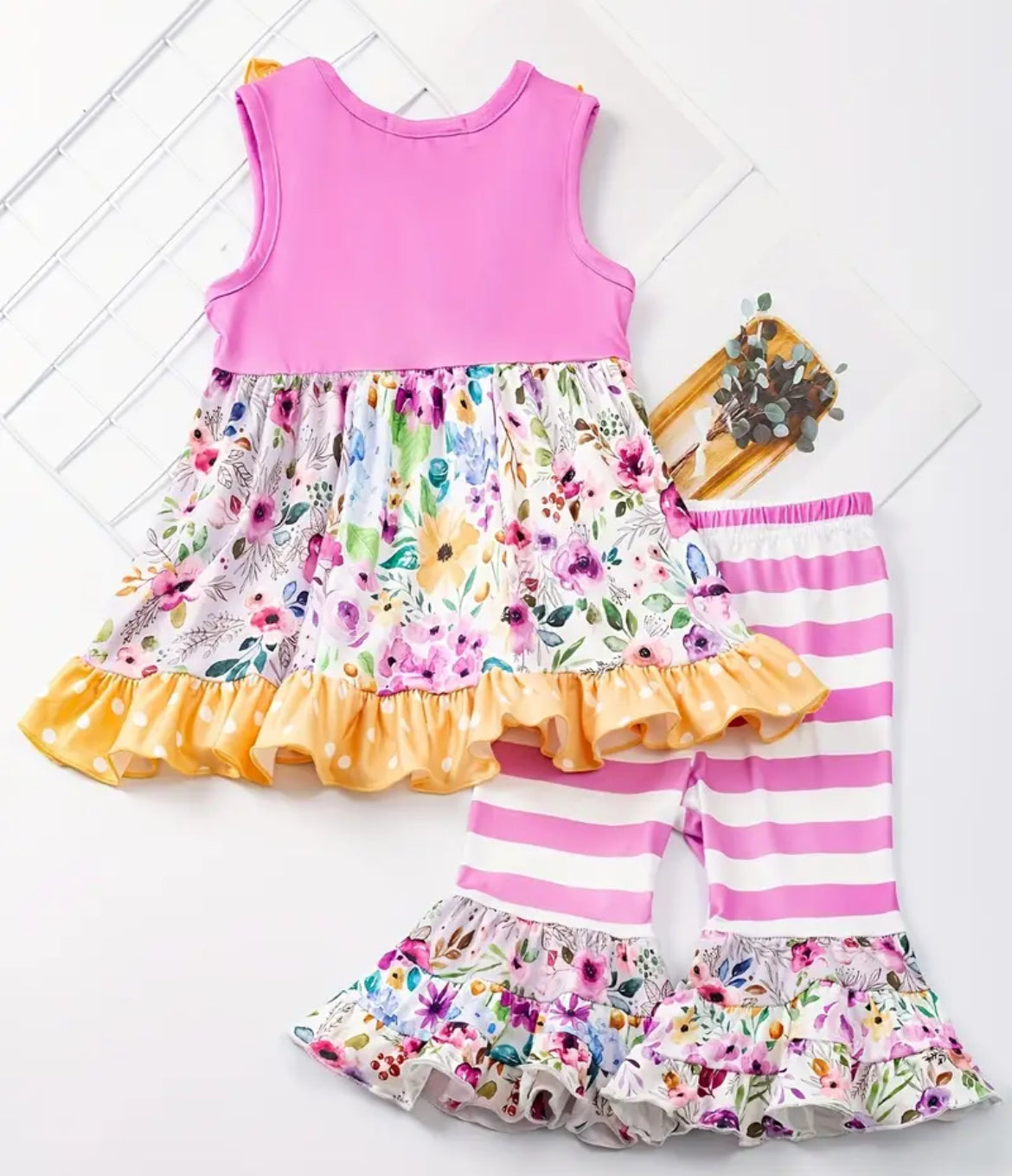 Pink & Yellow Ruffle Flower Short Set, girl's, stripes, Milk Silk, kids